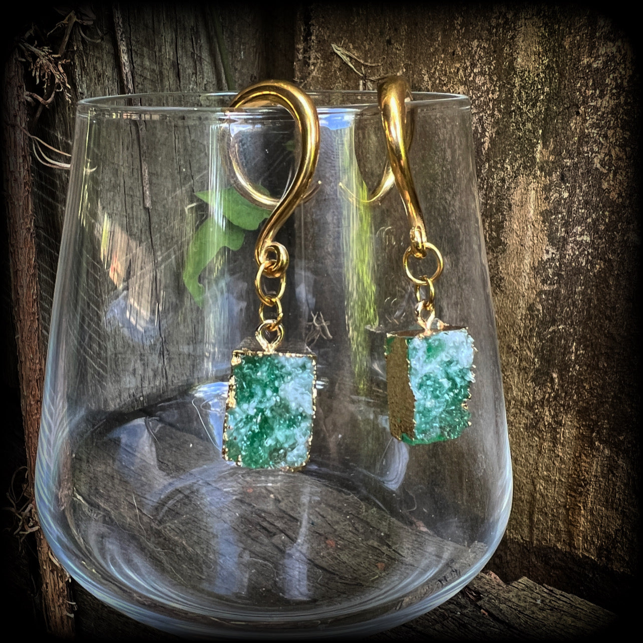 Deep green druzy gauged earrings