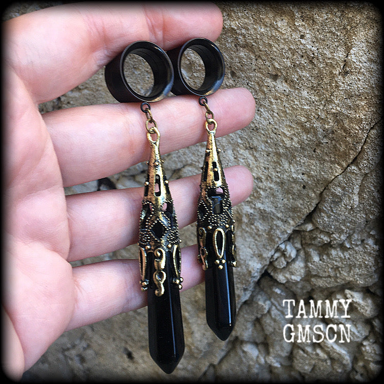 Black obsidian tunnel dangles-Gemstone ear gauges