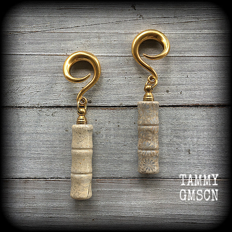 Fossilized coral gauged earrings