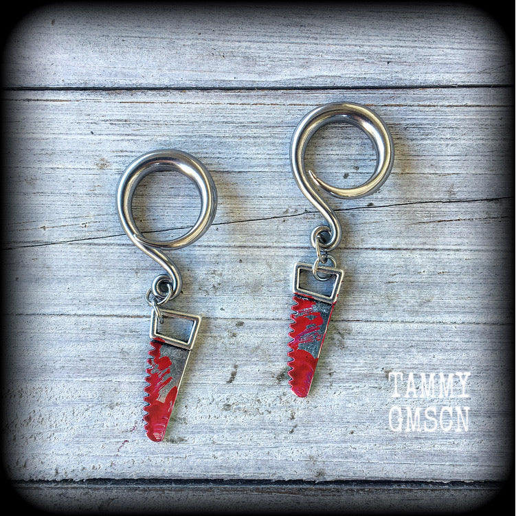 Bloodied bone saw halloween gauged earrings