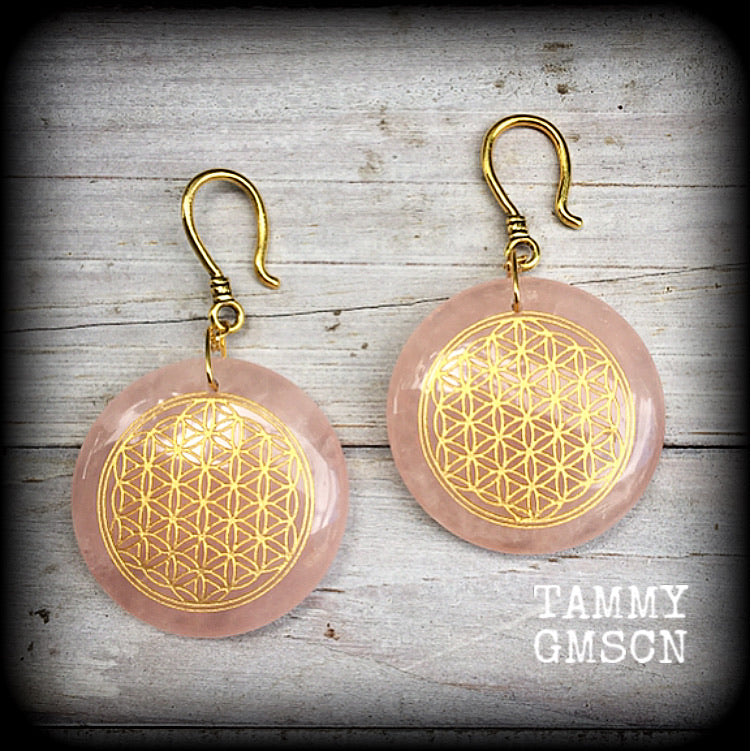 Rose Quartz ear weights-Flower of Life earrings