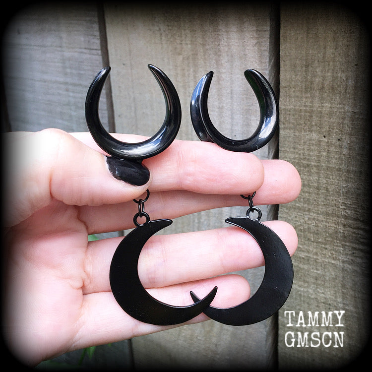 Black moon gauged earrings-Crescent moon