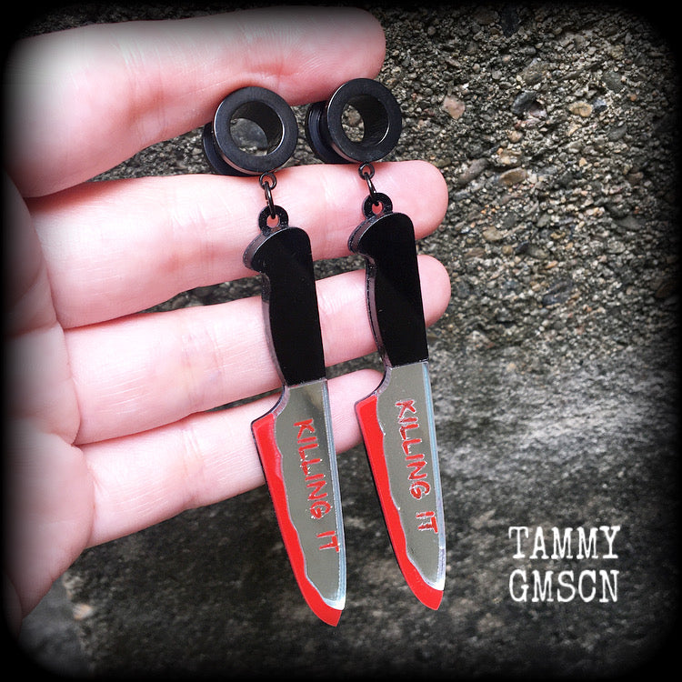 Kitchen knife tunnel earrings Halloween tunnel earrings Real life crime Crime scene clean up True crime 4mm 6mm 8mm 10mm 12mm 14mm 16mm 19mm 22mm 25mm 28mm 30mm Body jewelry Horror movie Slasher movie Gauged earrings Stretched lobes Stretched ears 