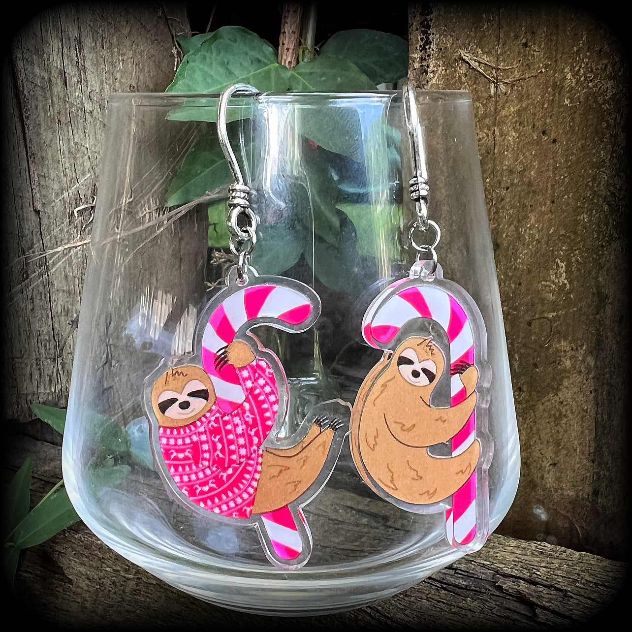 Sloth and Candy cane Christmas earrings