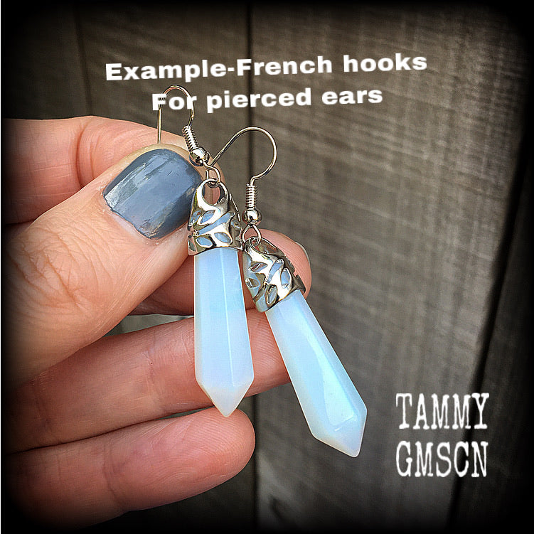 Opalite earrings 8 gauge ear weights Gemstone earrings Opalite ear hangers Pierced ears Tunnel dangles Tunnel earrings Body jewelry Ear jewelry Ear gauges Witchy jewelry Gemstone jewelry Gypsy boho chic