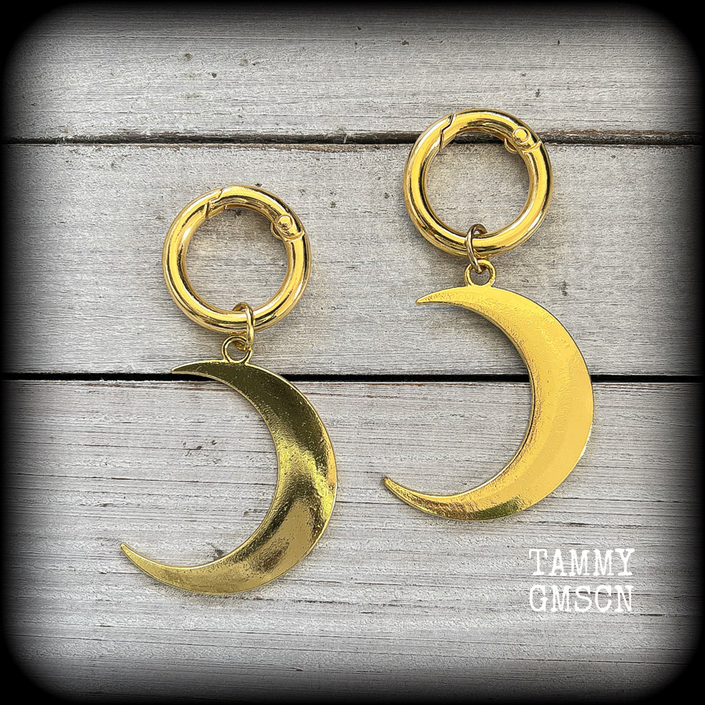 Antique gold crescent moon gauged hoop earrings