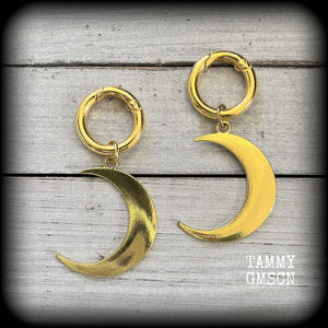 Antique gold crescent moon gauged hoop earrings