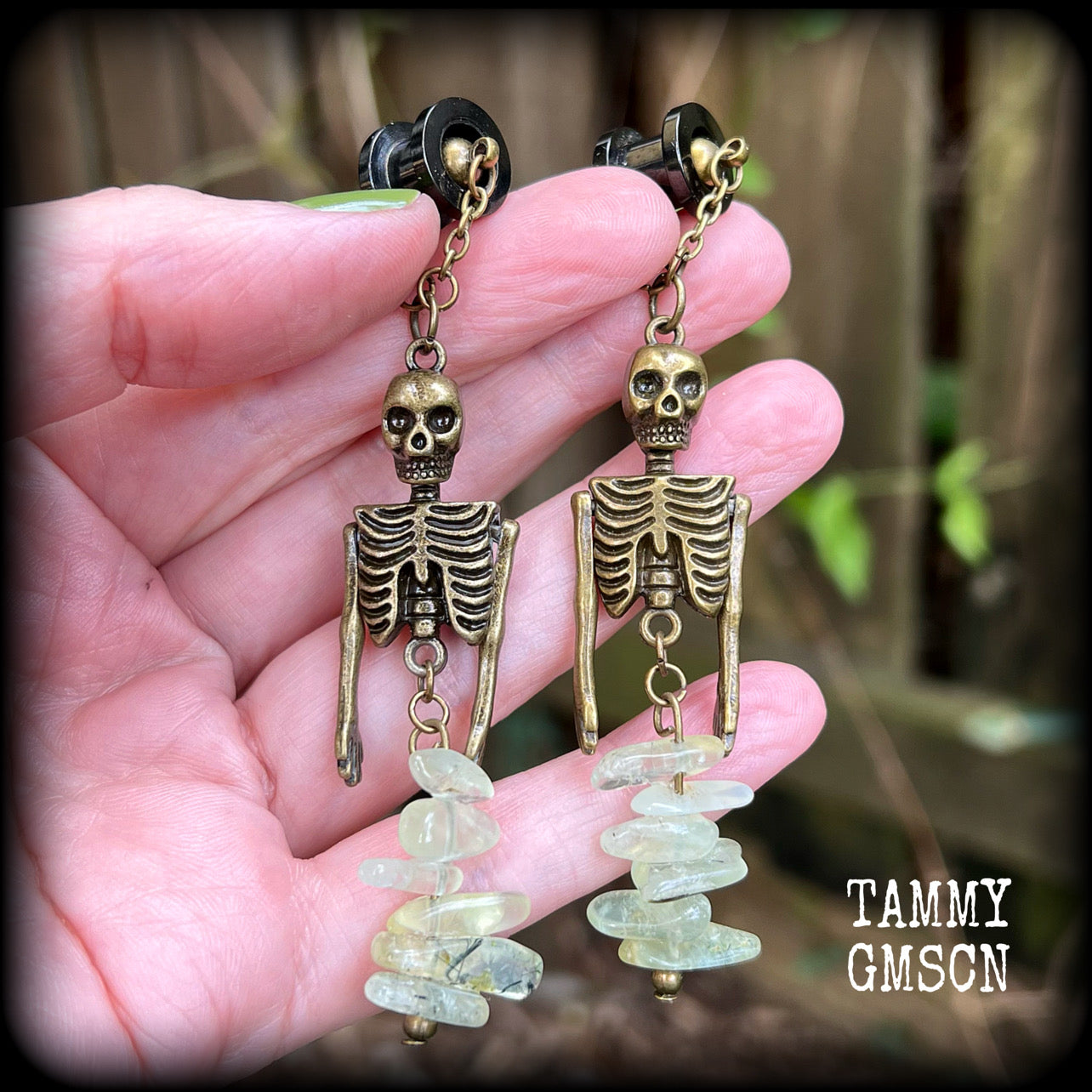 Bronze and Serpentine mermaid skeleton earrings