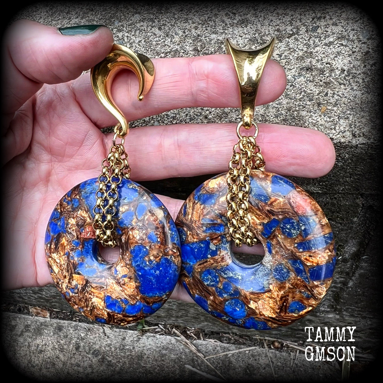 Lapis lazuli and bronzite gauged earrings-Ear hangers