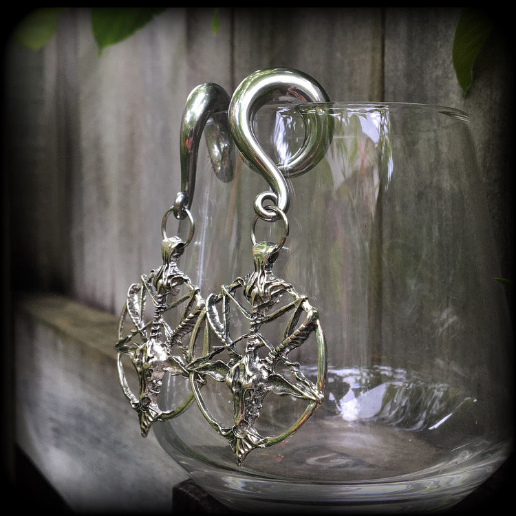 Antique silver Baphomet gauged earrings-Occult ear hangers