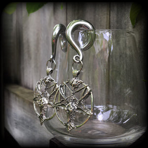 Antique silver Baphomet gauged earrings-Occult ear hangers