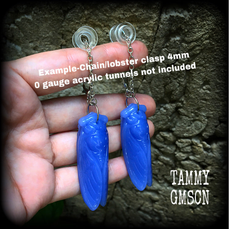 Blue jade cicada earrings-Gemstone insect ear hangers