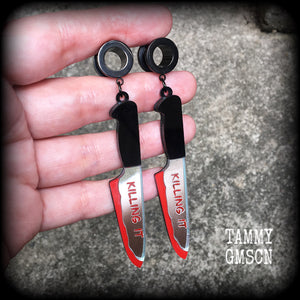 Kitchen knife tunnel earrings Halloween tunnel earrings Real life crime Crime scene clean up True crime 4mm 6mm 8mm 10mm 12mm 14mm 16mm 19mm 22mm 25mm 28mm 30mm Body jewelry Horror movie Slasher movie Gauged earrings Stretched lobes Stretched ears 