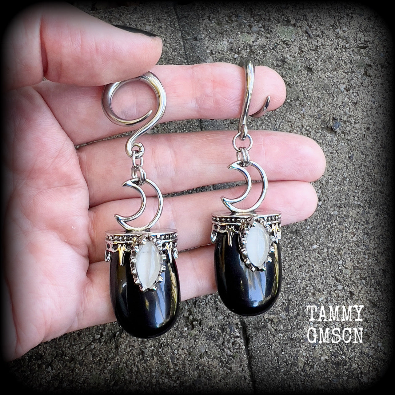 Black obsidian and crescent moon gauged earrings