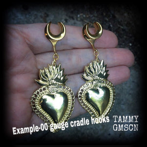 Antique gold sacred heart flaming heart ear hangers for stretched lobes, available on a range of hooks from 4mm up to 30mm.