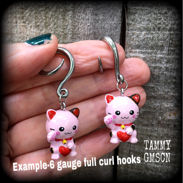 Pink Maneki Neko gauged earrings