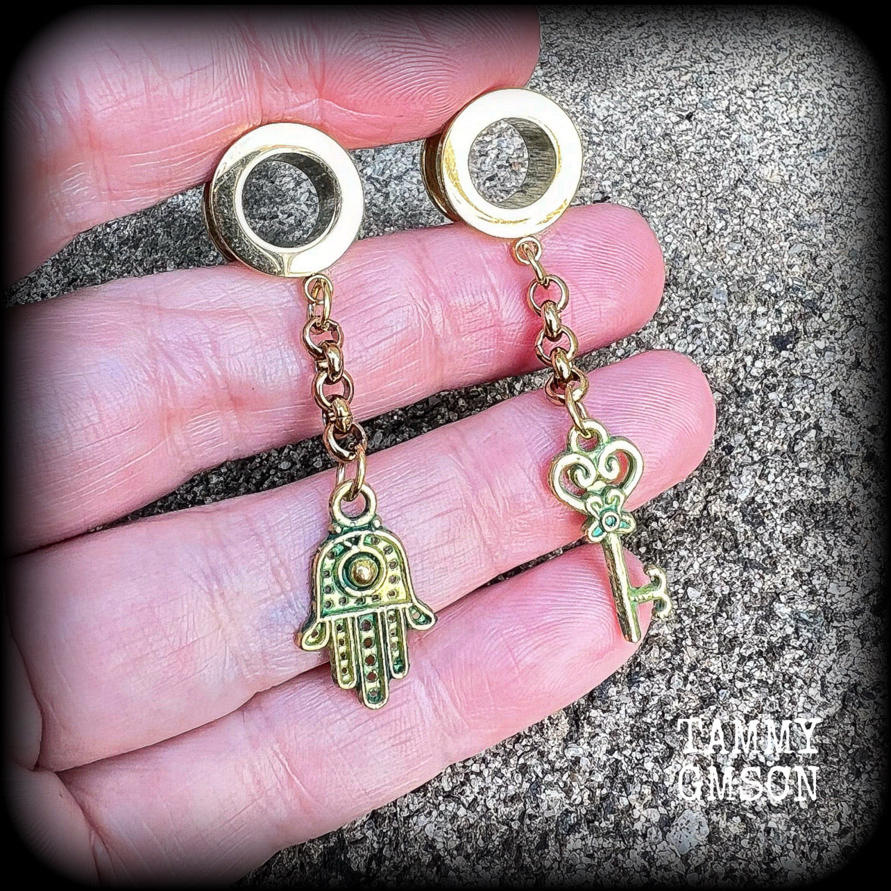 Hamsa hand and key tunnel earrings-Evil eye jewelry