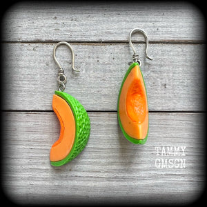 Melon earrings Rockmelon earrings Kitsch earrings Fruit earrings Retro earrings Fruit salad earrings 8 gauge ear weights Pierced ears Gauges Stretched ears Stretched lobes Gauged ears Gauged earrings Food earrings Food jewellery Gifts for vegans