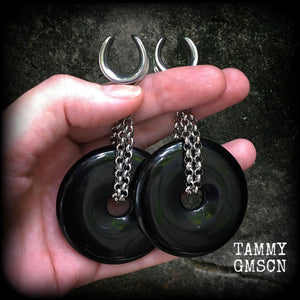 Black obsidian gauged earrings-Cradle weights