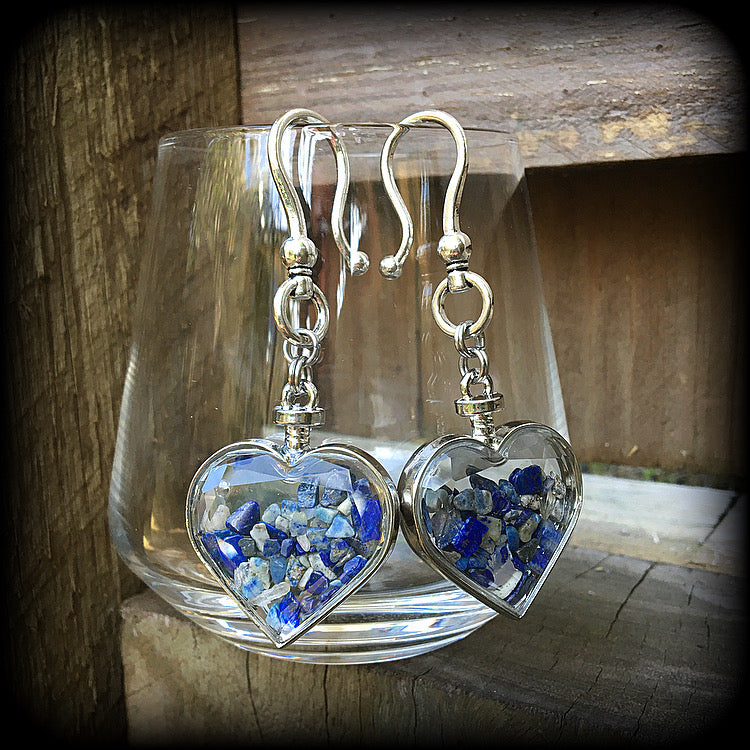 Lapis lazuli gemstone heart earrings-Ear hangers