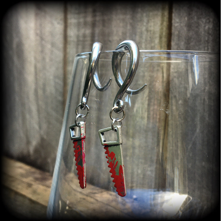 Bloodied bone saw halloween gauged earrings