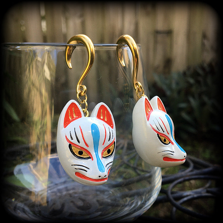 White kitsune gauged earrings-Wood earrings