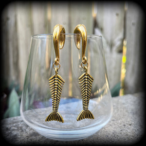 Skeletal mermaid tail gauged earrings