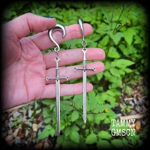 Ace of swords ear hangers 0 gauge ear weights Sword ear gauges Tarot card earrings Body jewelry 6g 2g 00g 1/2” 9/16” 5/8” 3/4” 7/8” 1” 1.10" 1.18" Stretched ears Stretched lobes Gauged ears Tarot jewelry Black Friday Witchy earrings Gothic jewelry