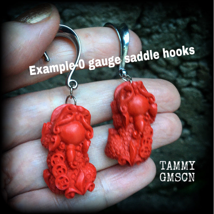 Gorgeous red cinnabar Pixiu gauged earrings available on a range of hooks and clasps for pierced ears and stretched lobes