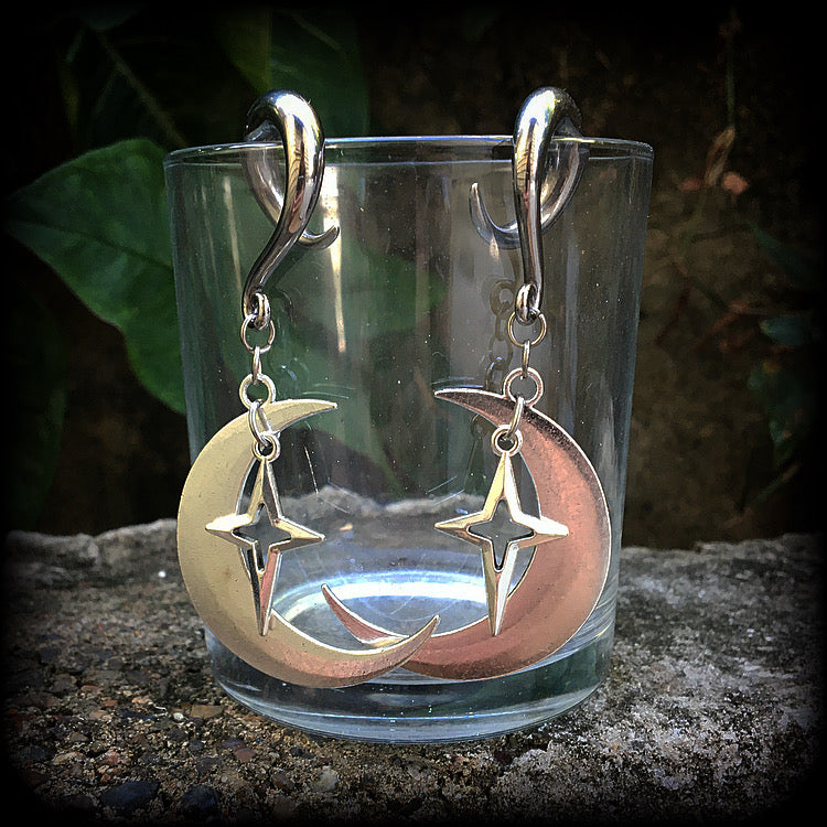 Crescent moon and star gauged earrings-MCM inspired