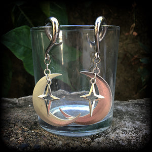 Crescent moon and star gauged earrings-MCM inspired