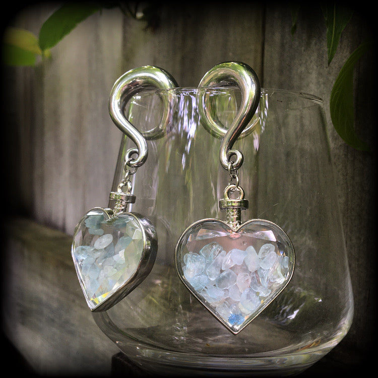 Aquamarine heart gauged earrings