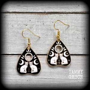 Occult cat and crescent moon ouija planchette earrings