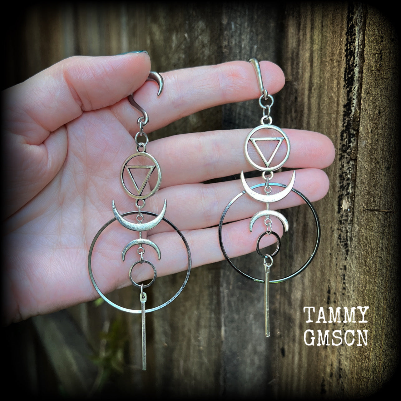 Geometric hoop and sigil gauged earrings-Inverted triangle occult earrings