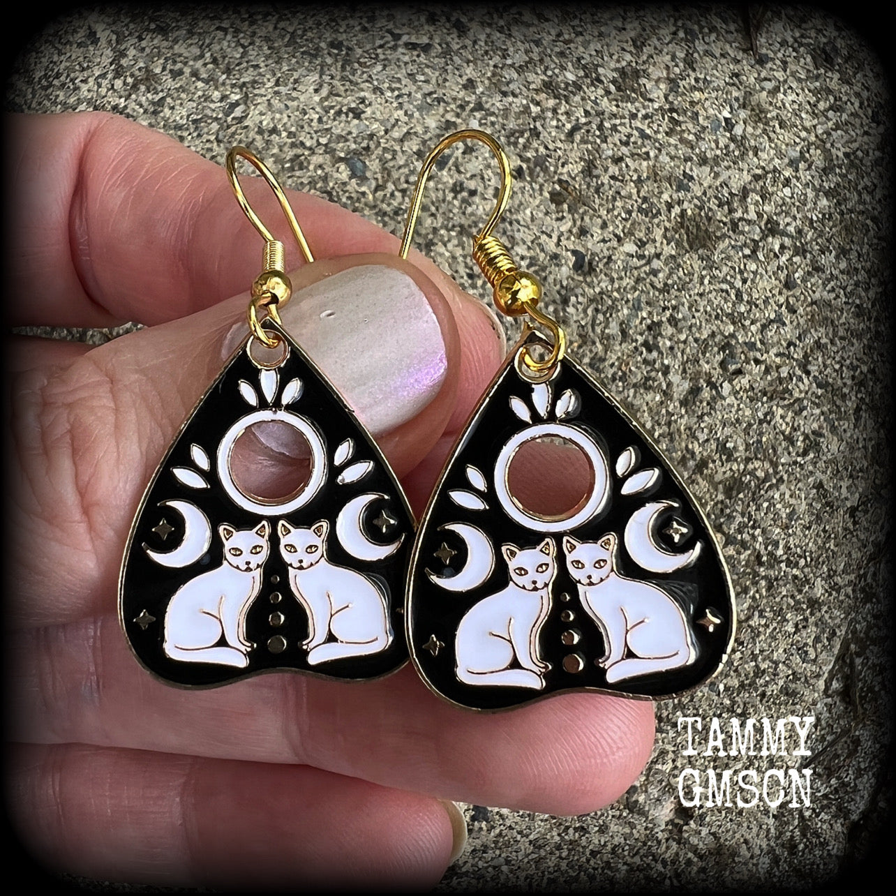 Occult cat and crescent moon ouija planchette earrings