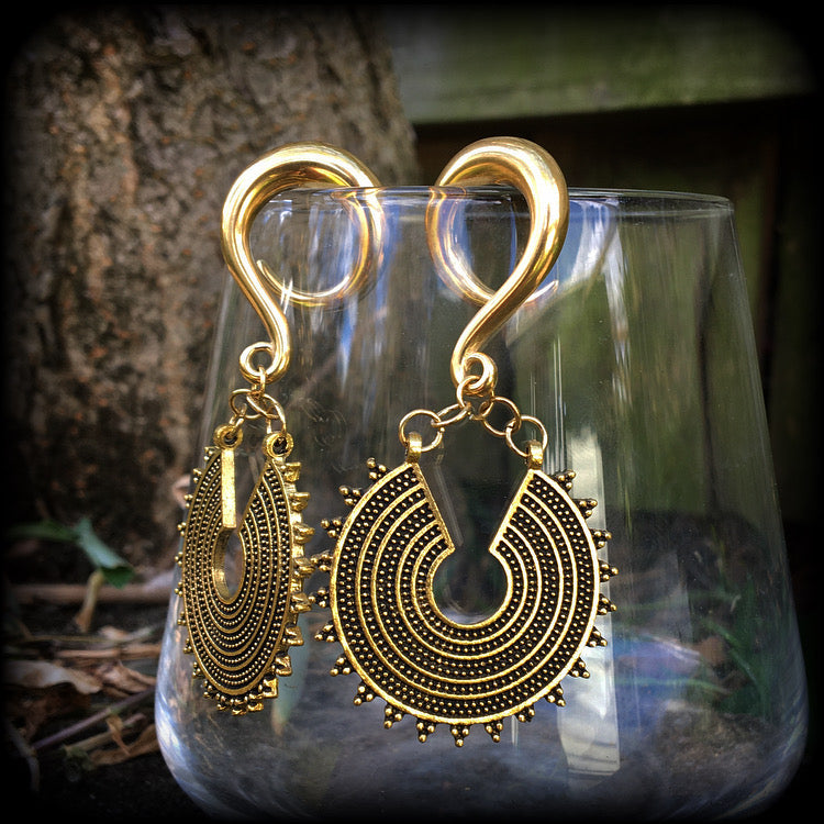 Antique gold Ishtar disc gauged earrings