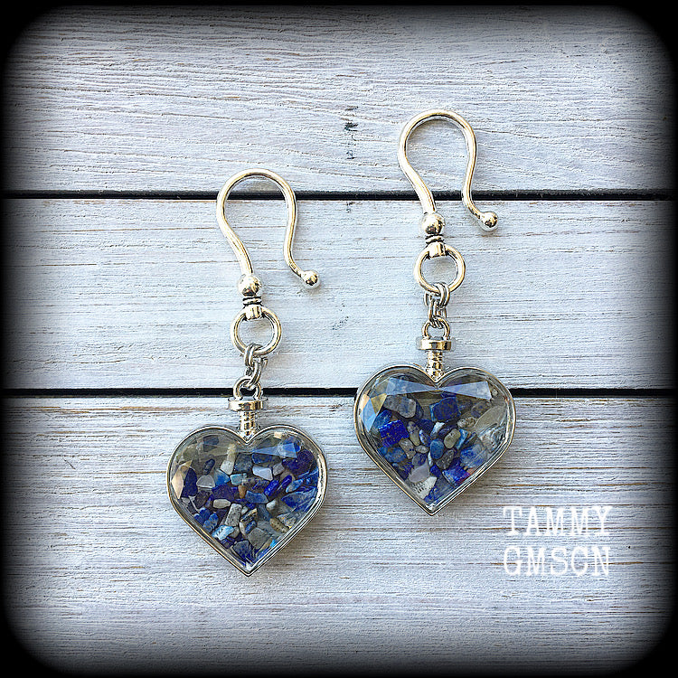 Lapis lazuli gemstone heart earrings-Ear hangers