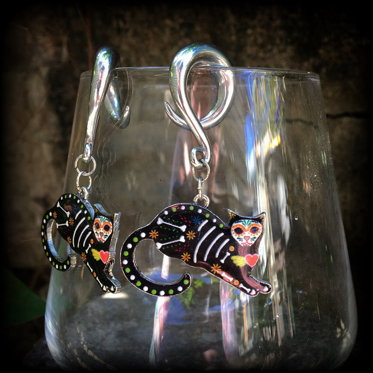 Day of the Dead cat gauged earrings-Halloween earrings