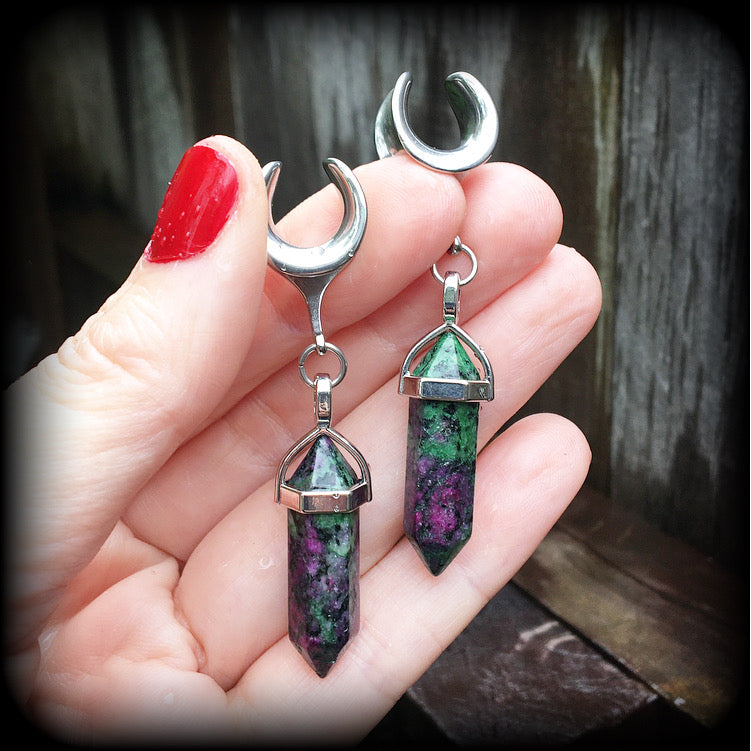 This is a pair of Ruby in fuchsite gauged earrings, made with long gemstones on cradle style hooks for stretched lobes. choose from several options of hooks and clasps for pierced ears and stretched lobes up to 30mm.