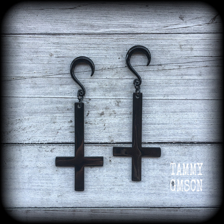 Black inverted cross gauged earrings