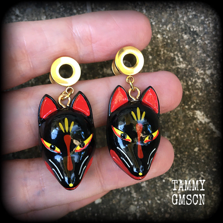 Black kitsune tunnel earrings-Japanese earrings