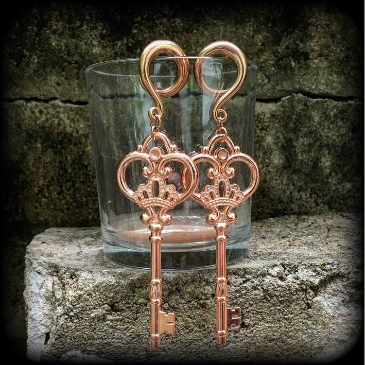 Antique key gauged earrings