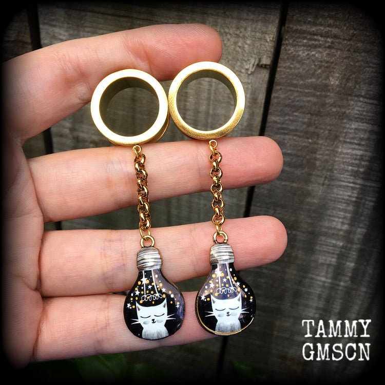 Quirky cat tunnel earrings-Tunnel dangles