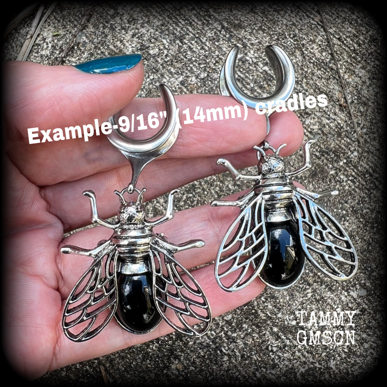 Black obsidian and antique silver insect gauged earrings