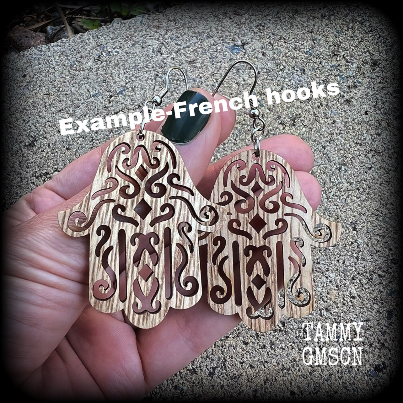 Hamsa hand earrings-Wood earrings
