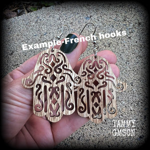 Hamsa hand earrings-Wood earrings