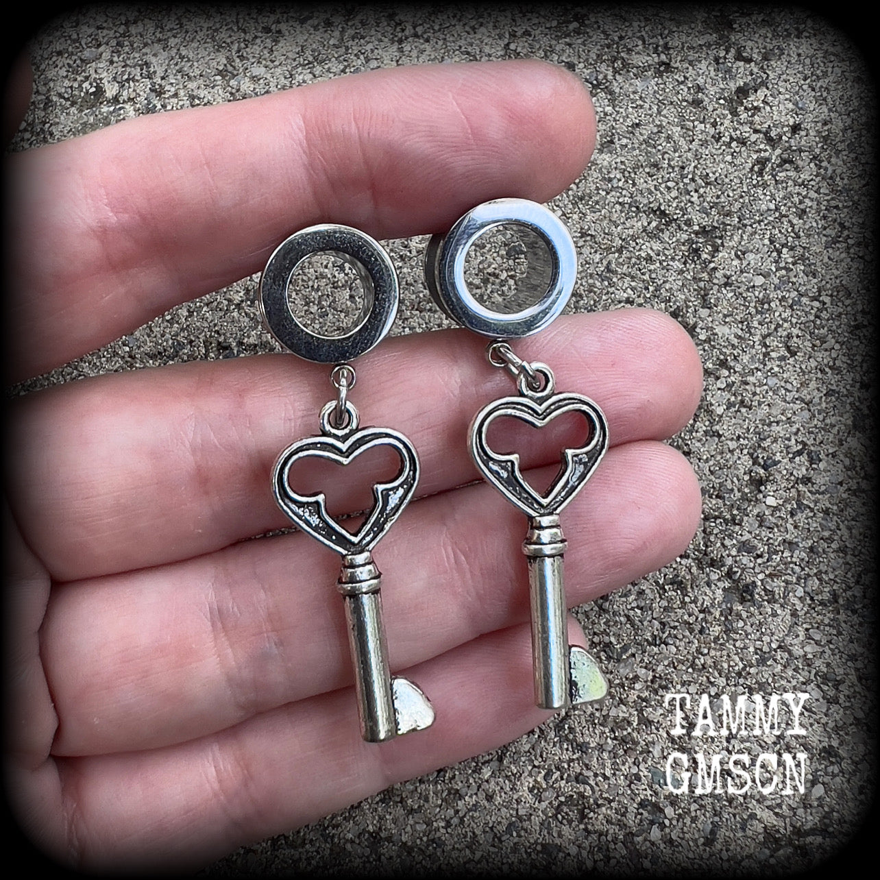 Antique silver key tunnel earrings