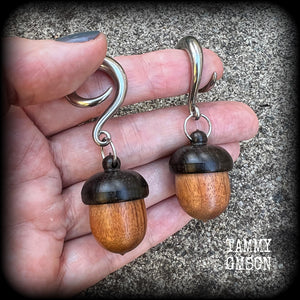 Acorn earrings Acorns earrings Wood ear weights Wood gauged earrings Carved wood ear weights 2 gauge ear weights Stash pot jewelry Stash pot earrings Pet jewelry Pet memorial urn Ear hangers 4mm 6mm 8mm 10mm 12mm 14mm 16mm 19mm 22mm 25mm 28mm 30mm