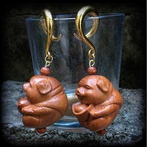 Carved wood pig earrings-Gauged earrings