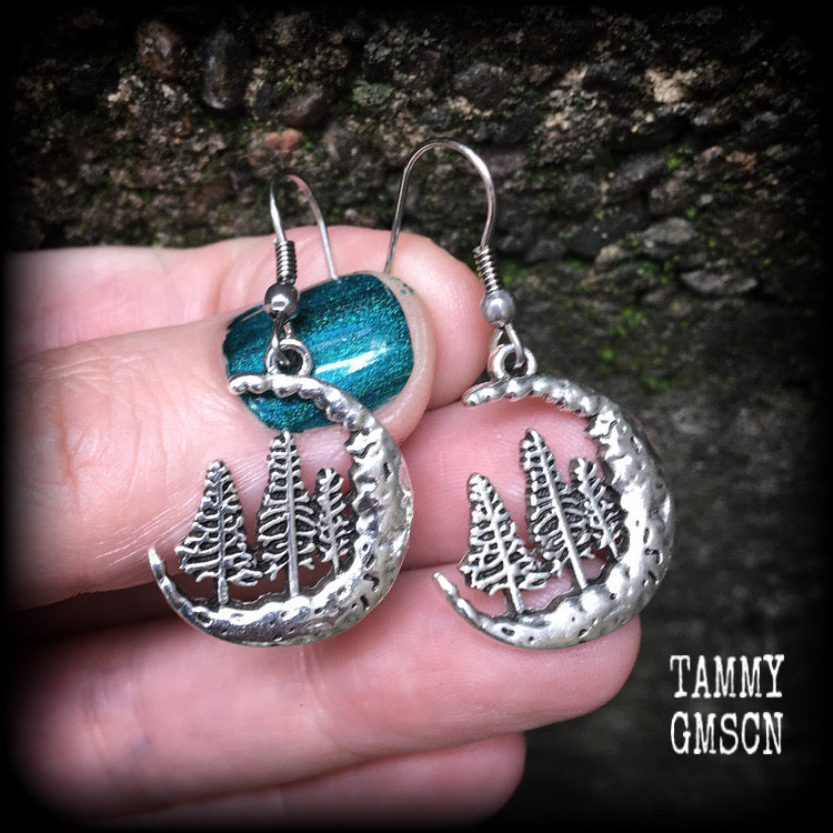 Fir tree and crescent moon earrings